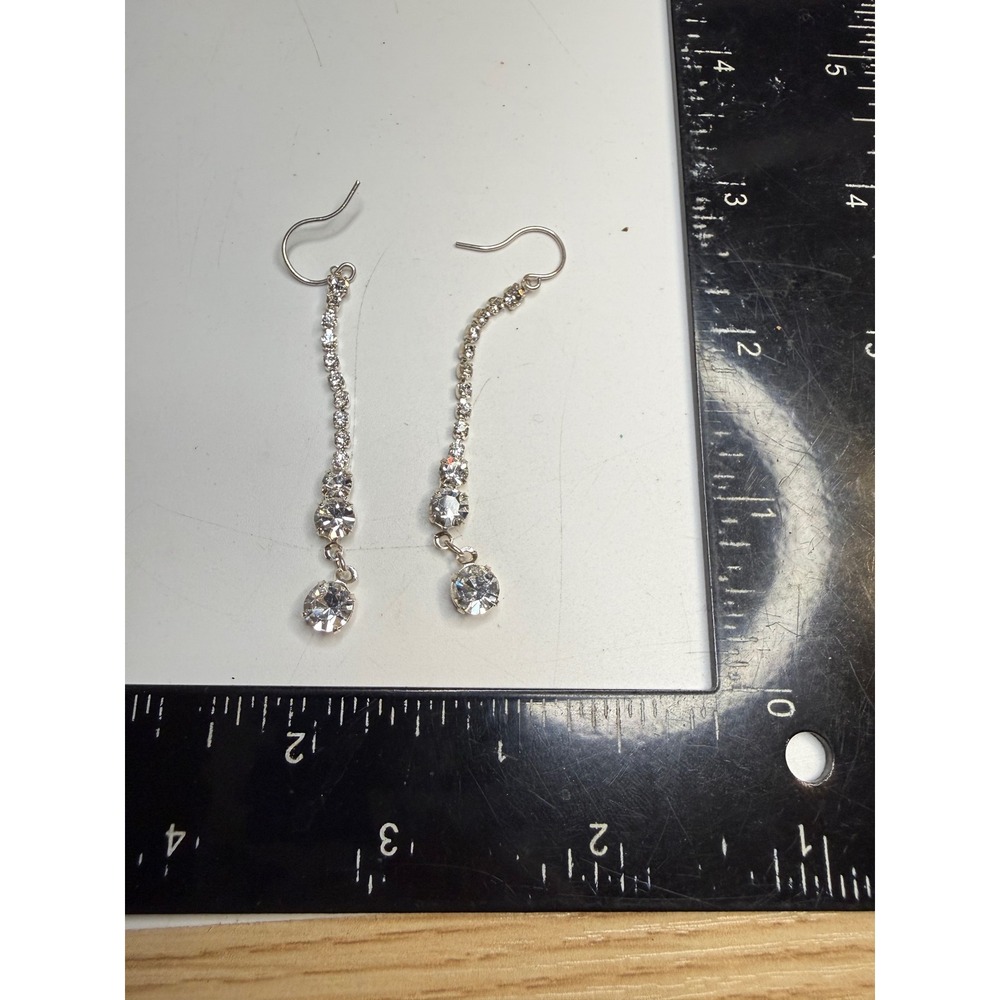 Silver Tone Rhinestone Dangle Drop Earrings Graduated Crystal Bridal Formal 2.25